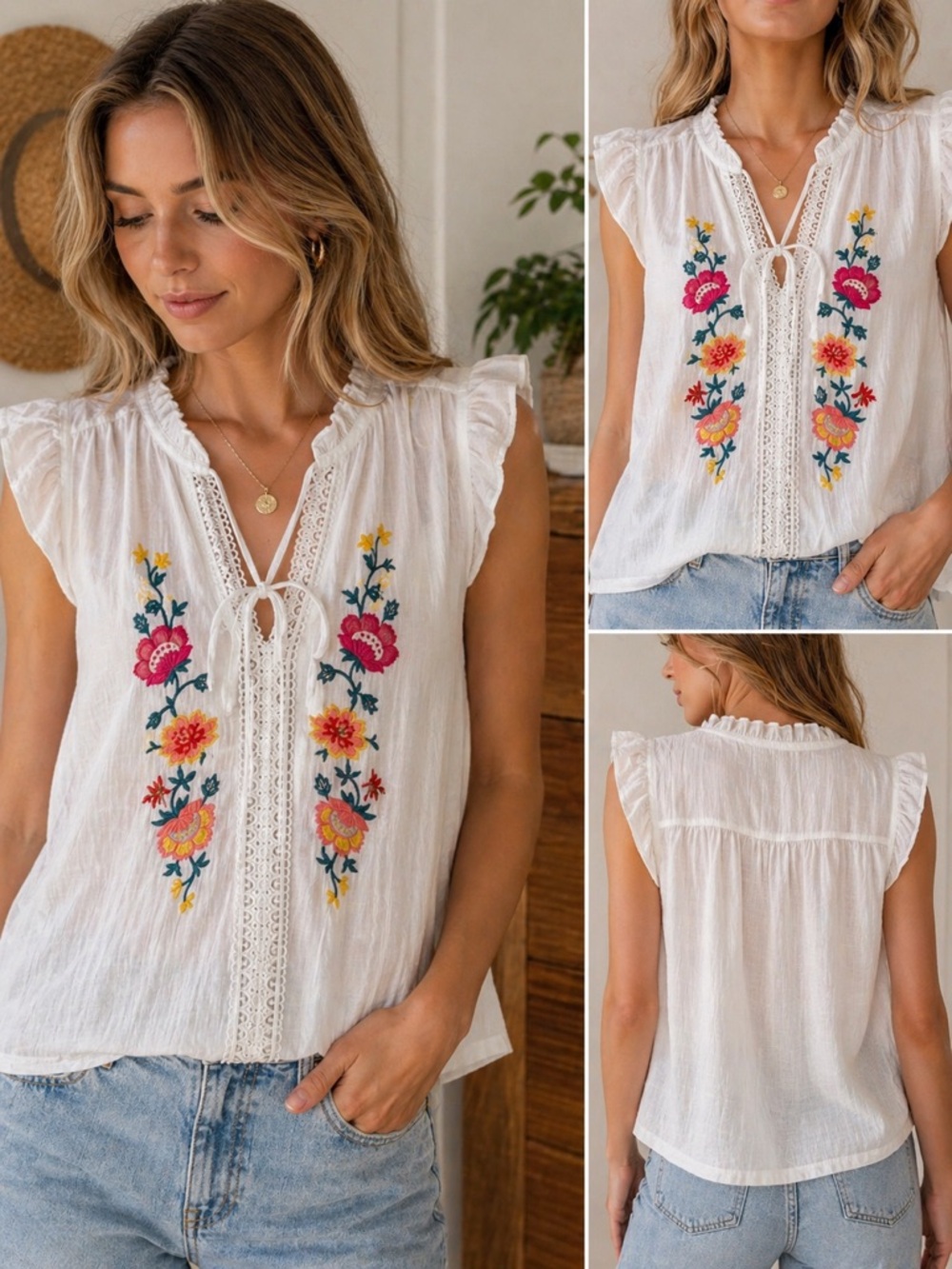 Embroidered Floral Boho Blouse Lace Tie Front Top White Cottagecore Romantic